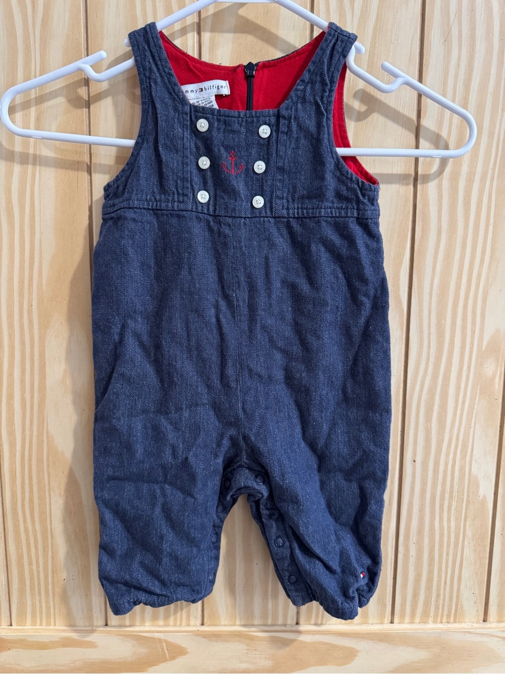 Vintage Tommy Hilfiger Baby Denim Overalls with Red Anchor and Buttons— 6-9 MOS